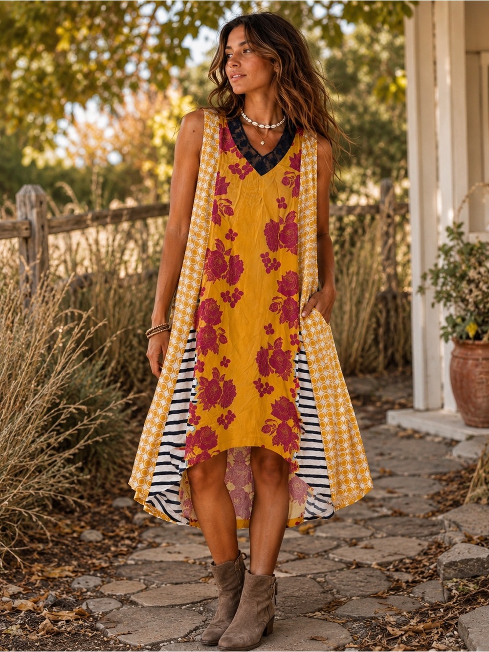 Matilda Jane XS Floral Mixed Print Cotton High Low Dress Pockets Boho